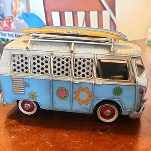 Vintage Style Blue Van Model with Surfboard- Photo Holder And Money Bank